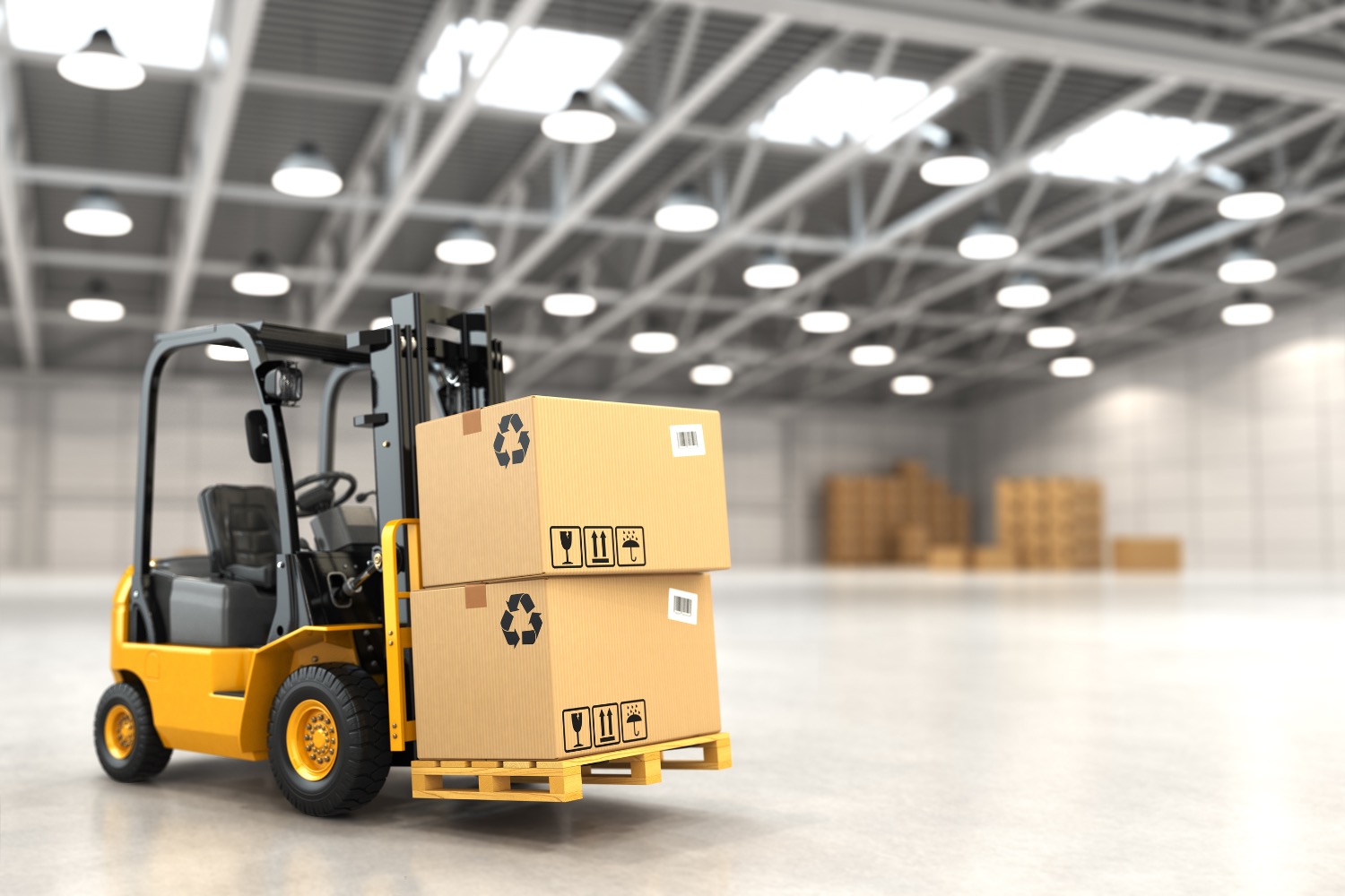 Forklift truck in warehouse or storage loading cardboard boxes 3d edited